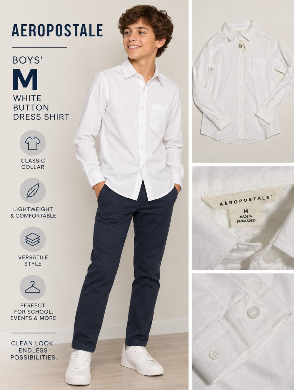 New aeropostale boys size medium white button dress shirt #24